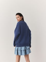Washed Indigo Blue Boyfriend Oversized Varsity Style Jersey Longline Cardigan - Image 3 of 7