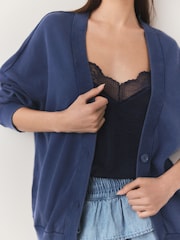 Washed Indigo Blue Boyfriend Oversized Varsity Style Jersey Longline Cardigan - Image 4 of 7
