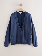 Washed Indigo Blue Boyfriend Oversized Varsity Style Jersey Longline Cardigan - Image 5 of 7