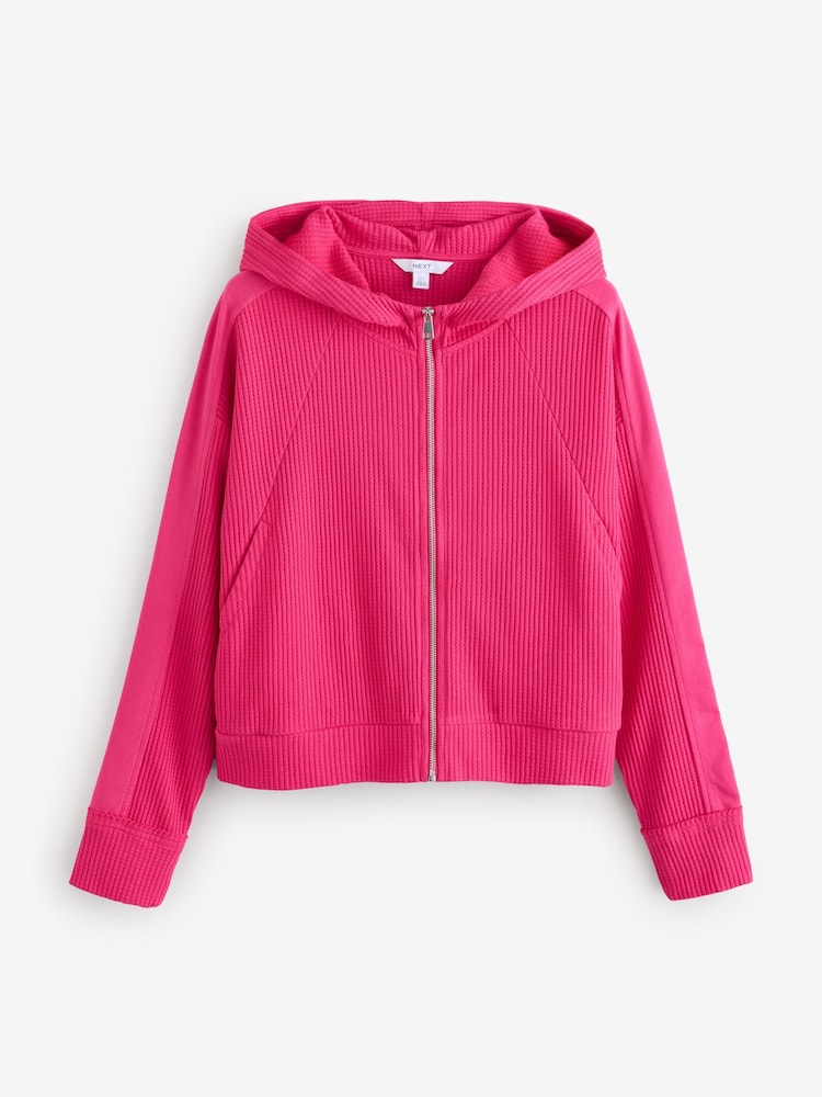 Fluro Pink Textured Waffle Zip Through Jumper Hoodie - Image 1 of 3