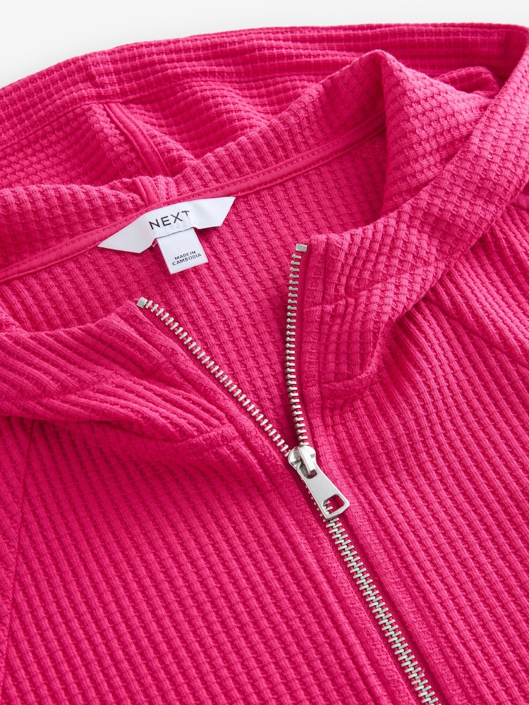 Fluro Pink Textured Waffle Zip Through Jumper Hoodie - Image 3 of 3