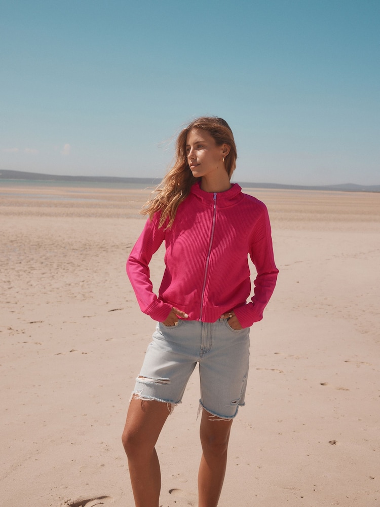 Neon-Pink - Hoodie mit Waffelstruktur und durchgehendem Reißverschluss - Bild 3 von 3 Neon-Pink - Hoodie mit Waffelstruktur und durchgehendem Reißverschluss - Bild 3 von 3