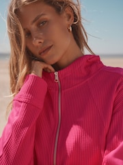 Fluro Pink Textured Waffle Zip Through Jumper Hoodie - Image 4 of 7