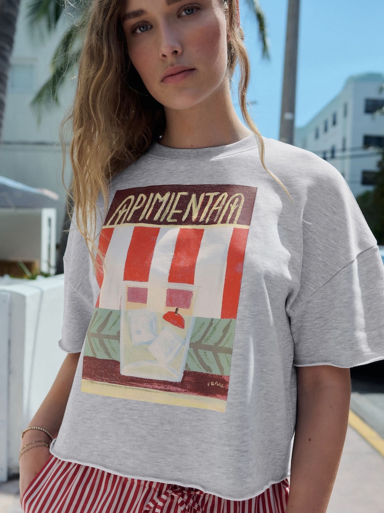 Grey Hand Painted Pimienta Cocktaill Graphic Print Short Sleeve Boxy Heavyweight T-Shirt - Image 1 of 6