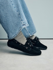 Black Extra Wide Fit Forever Comfort® Leather Round Toe Slim Boat Shoes - Image 2 of 10
