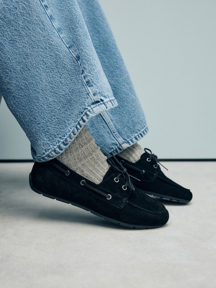 Black Extra Wide Fit Forever Comfort® Leather Round Toe Slim Boat Shoes - Image 2 of 10
