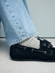 Black Extra Wide Fit Forever Comfort® Leather Round Toe Slim Boat Shoes - Image 5 of 10