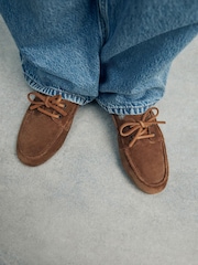 Tan Brown Extra Wide Fit Forever Comfort® Leather Round Toe Slim Boat Shoes - Image 4 of 9