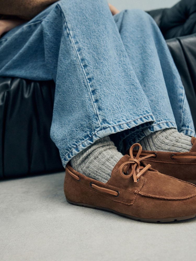 Tan Brown Extra Wide Fit Forever Comfort® Leather Round Toe Boat Shoes - Image 5 of 9