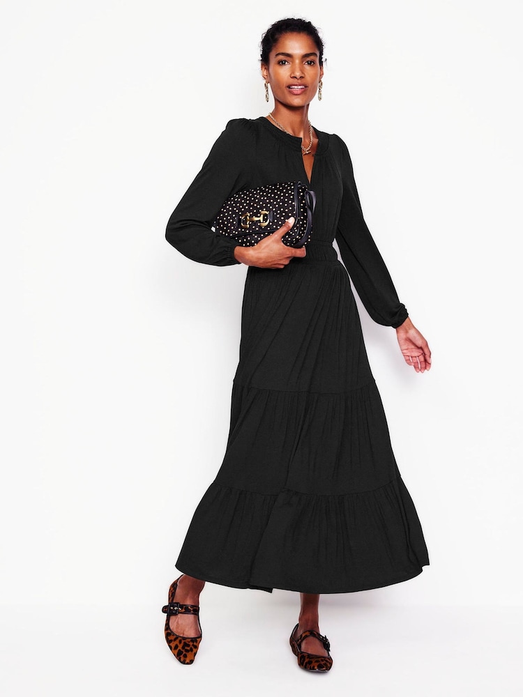 Boden Black Petite Smock Tiered Jersey Midi Dress - Image 1 of 5
