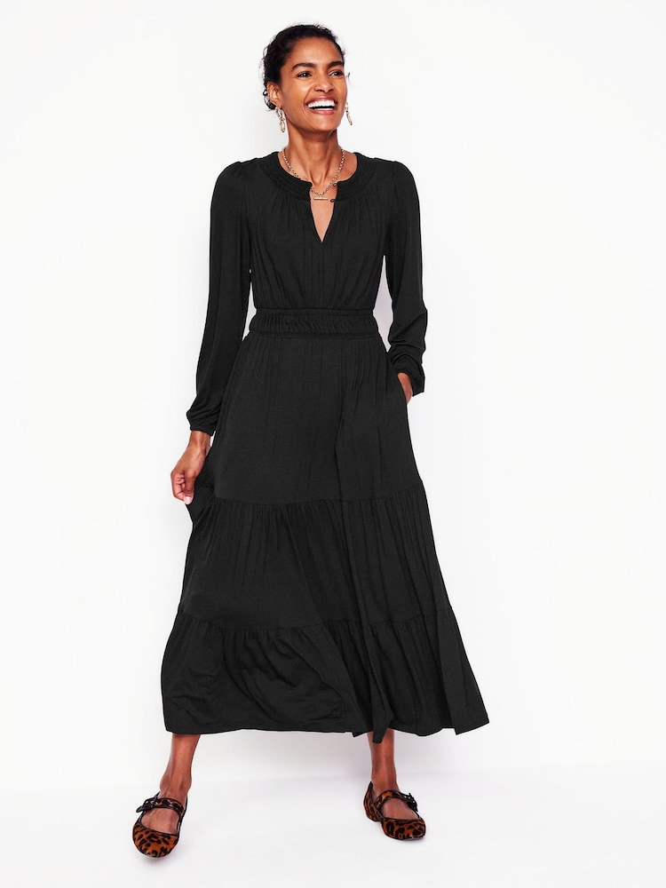 Boden Black Petite Smock Tiered Jersey Midi Dress - Image 2 of 5