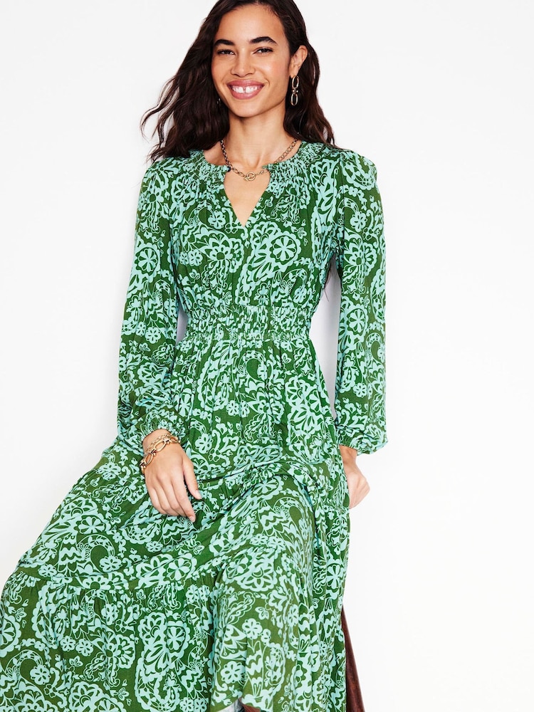 Boden Green Petite Smock Tiered Jersey Midi Dress - Image 2 of 5