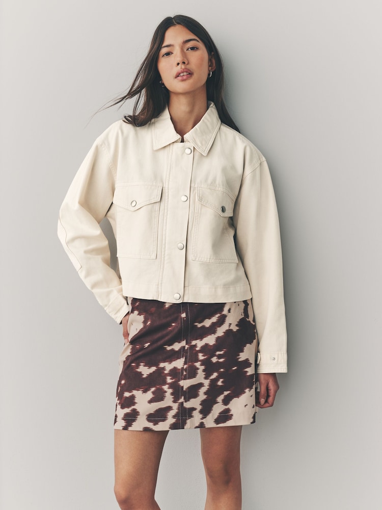 Ecru Print Cropped 100% Cotton Jacket - Image 1 of 8