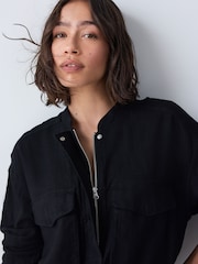 Black Linen Blend Bomber Jacket - Image 1 of 8