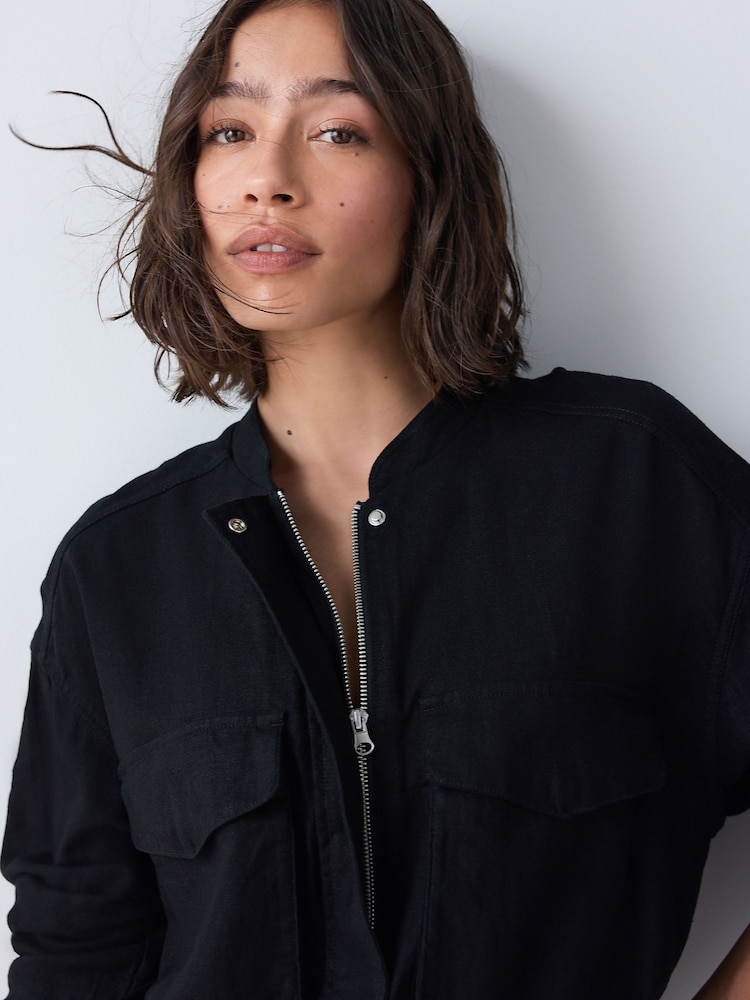 Black Linen Blend Bomber Jacket - Image 1 of 8
