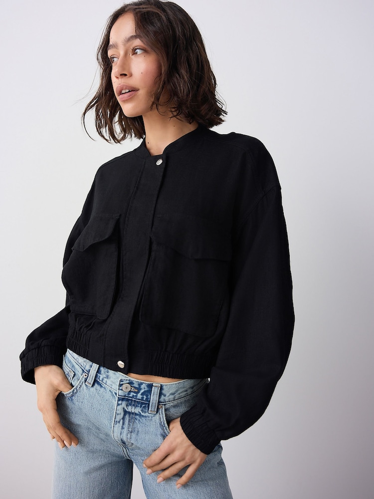 Black Linen Blend Bomber Jacket - Image 2 of 8