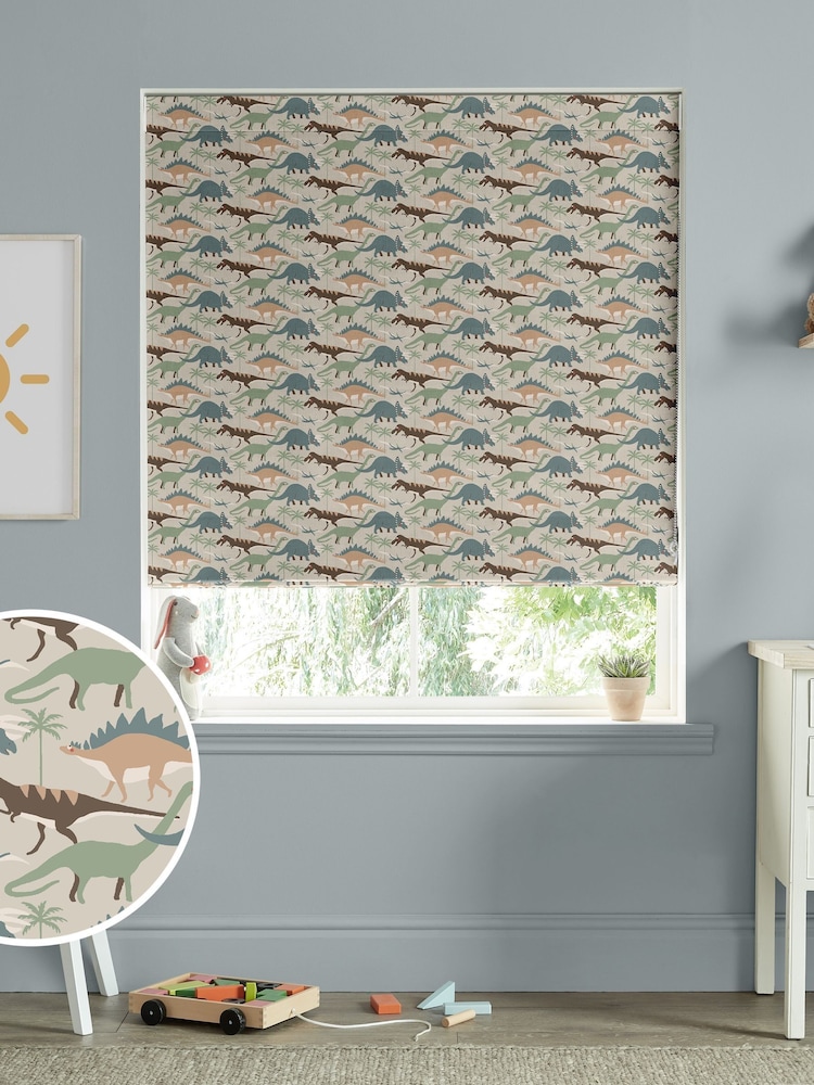 Sophie Allport Natural and Khaki Green Dinosaur Camo Made to Measure 100% Cotton Roman Blind - Image 1 of 6