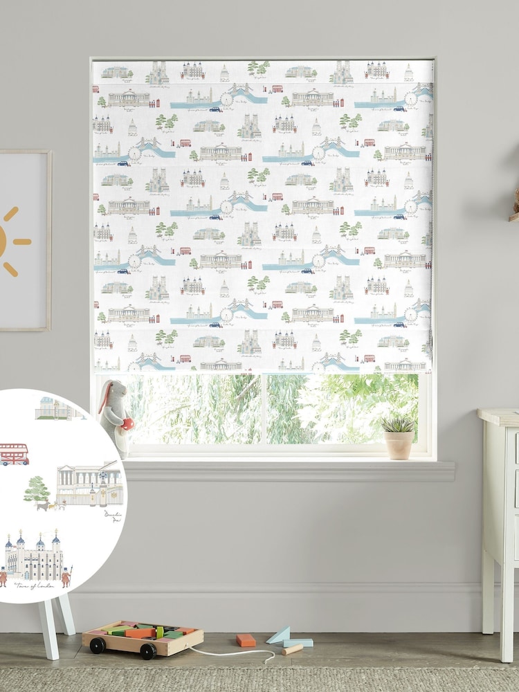 Sophie Allport White and Blue London Scene Made to Measure 100% Cotton Roman Blind - Image 1 of 6