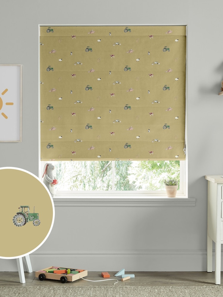 Sophie Allport Mustard Yellow On the Farm Made to Measure 100% Cotton Roman Blind - Image 1 of 6