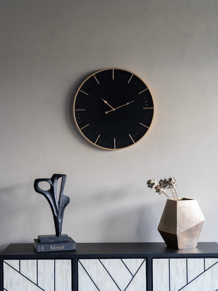 Libra Interiors Black Brass Perforated Indoor Wall Clock - Image 1 of 6