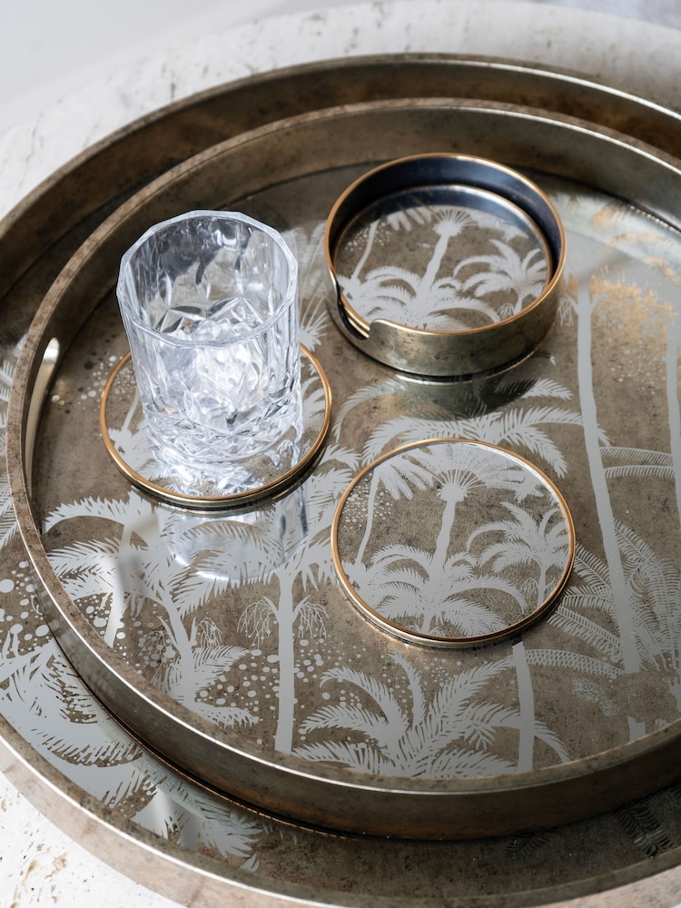 Libra Interiors Set of 4 Antique Gold Palm Tree Round Coasters - Image 1 of 4