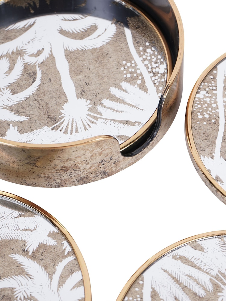 Libra Interiors Set of 4 Antique Gold Palm Tree Round Coasters - Image 4 of 4