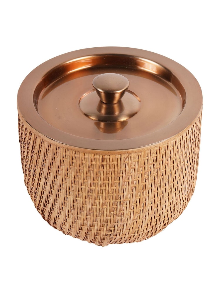 Libra Interiors Burnish Brass Rattan Dusky Gold Ice Bucket with Lid - Image 2 of 6