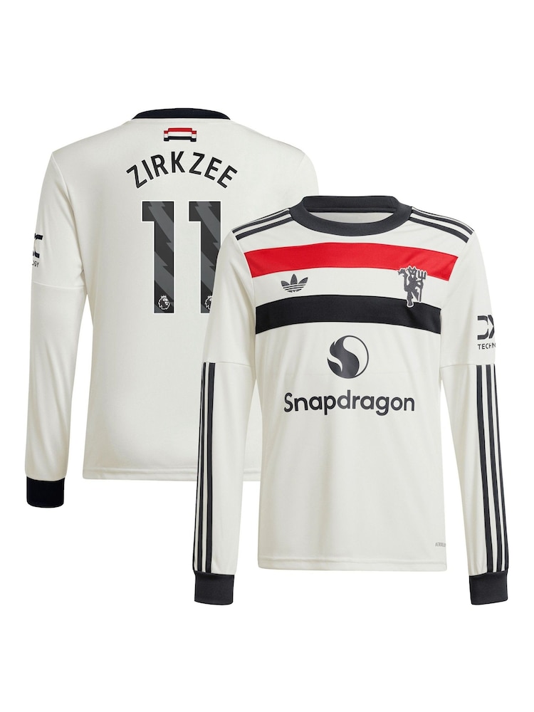 adidas White Kids Manchester United EPL Third Shirt 2024-25 Long Sleeve with Zirkzee 11 Printing - Image 1 of 3