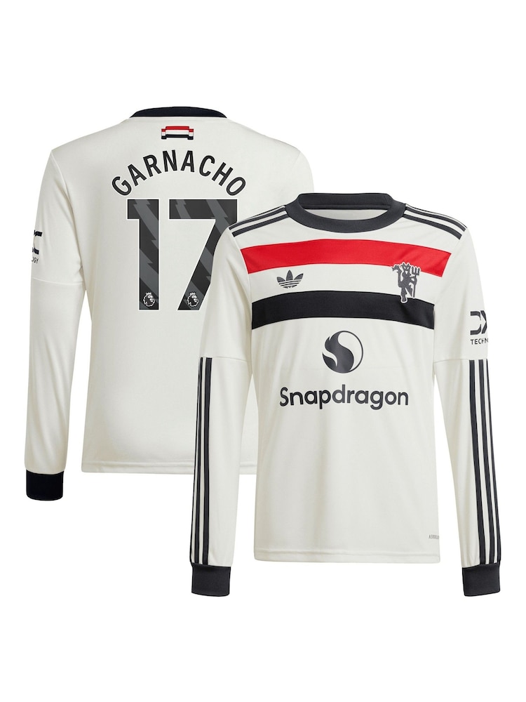 adidas White Kids Manchester United EPL Third Long Sleeve Shirt 2024-25 with Garnacho 17 Printing - Image 1 of 3