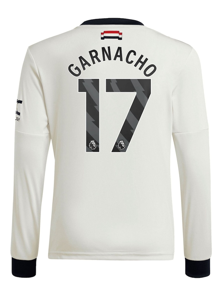 adidas White Kids Manchester United EPL Third Long Sleeve Shirt 2024-25 with Garnacho 17 Printing - Image 3 of 3