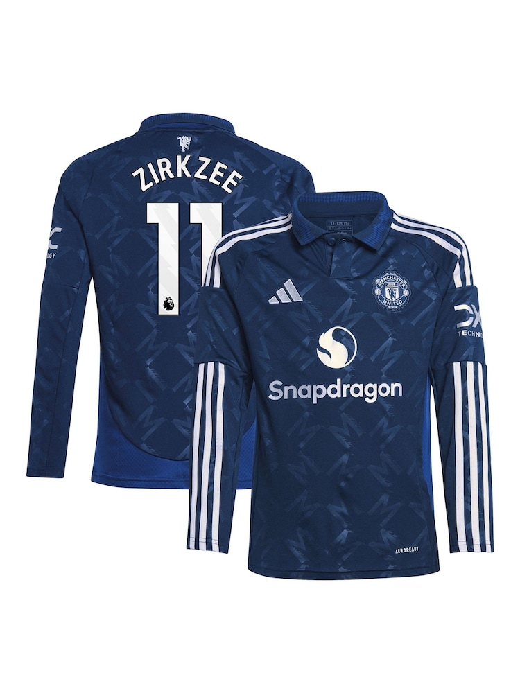 adidas Blue Kids Manchester United EPL Away Shirt 2024-25 Long Sleeve with Zirkzee 11 Printing - Image 1 of 3