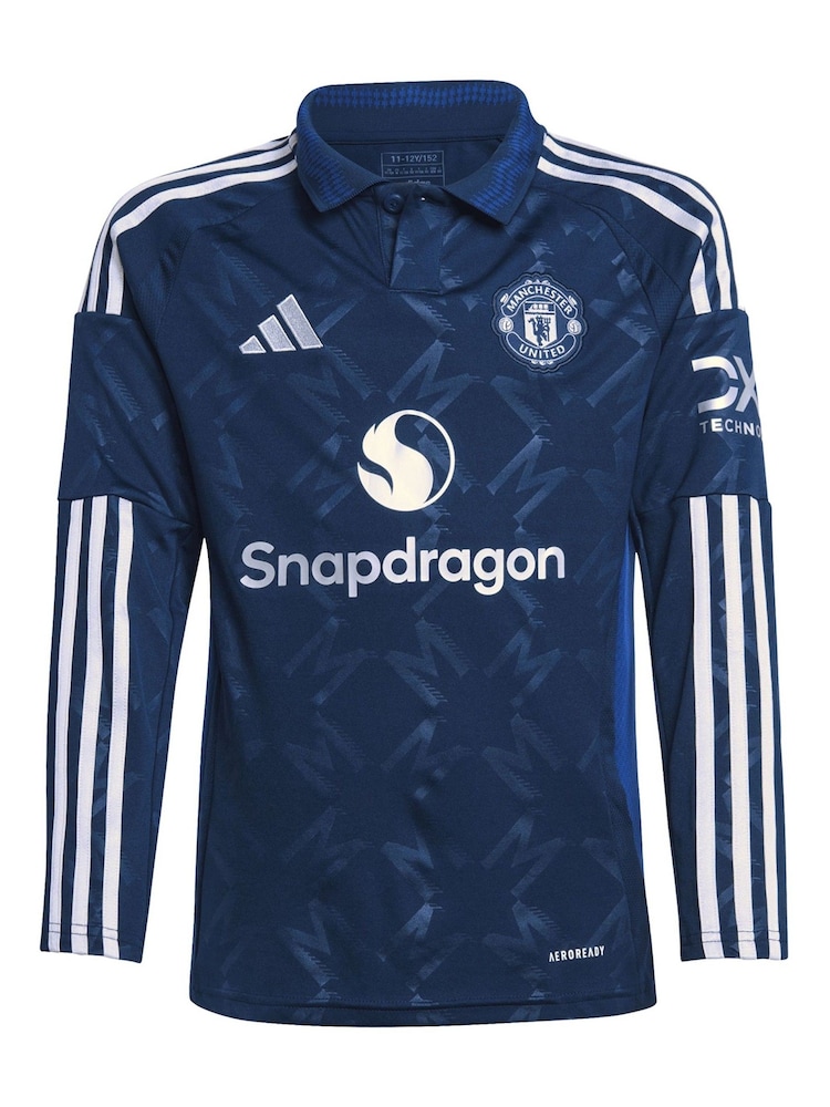 adidas Blue Kids Manchester United EPL Away Shirt 2024-25 Long Sleeve with Zirkzee 11 Printing - Image 2 of 3