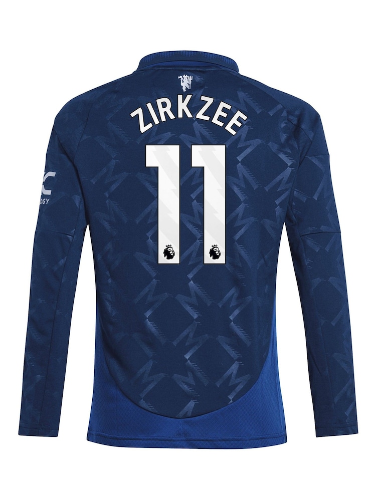 adidas Blue Kids Manchester United EPL Away Shirt 2024-25 Long Sleeve with Zirkzee 11 Printing - Image 3 of 3