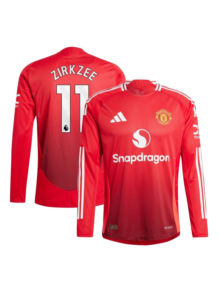 adidas Red Manchester United EPL Home Authentic Shirt 2024-25 Long Sleeve with Zirkzee 11 Printing - Image 1 of 3