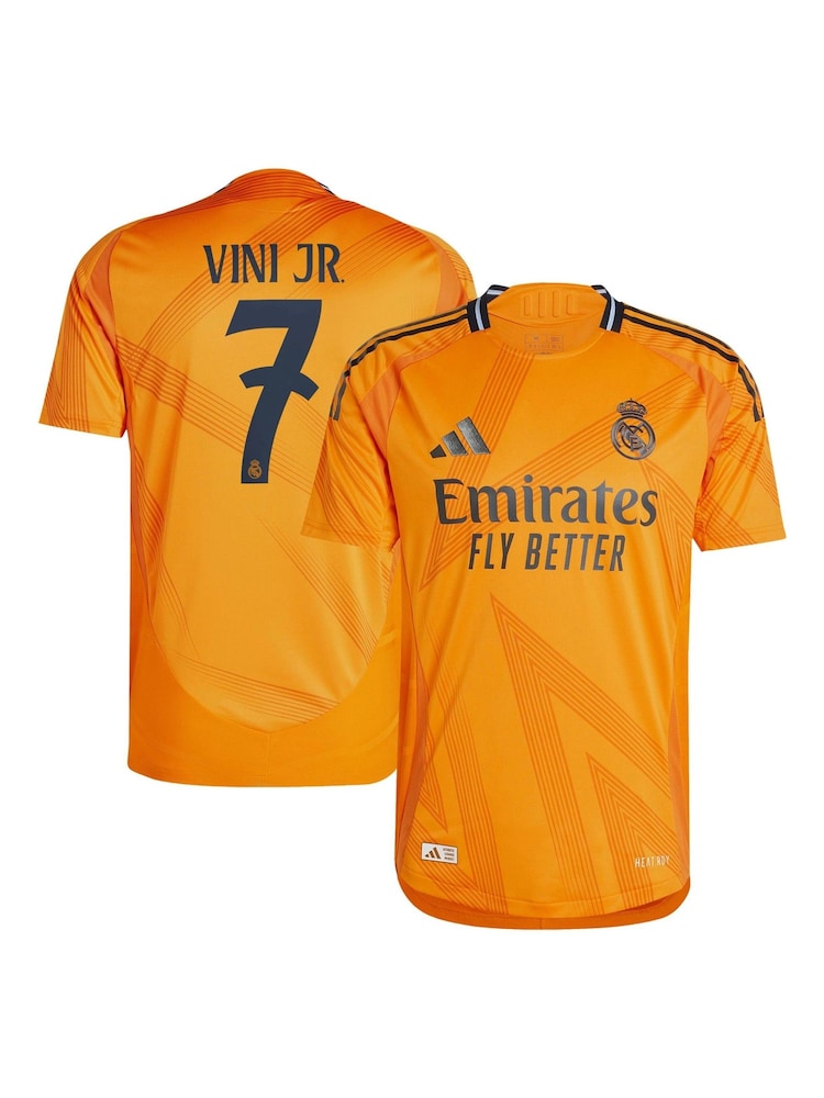 adidas Orange Original Real Madrid Away Authentic Shirt 2024-25 Vini Jr. 7 Printing - Image 1 of 3