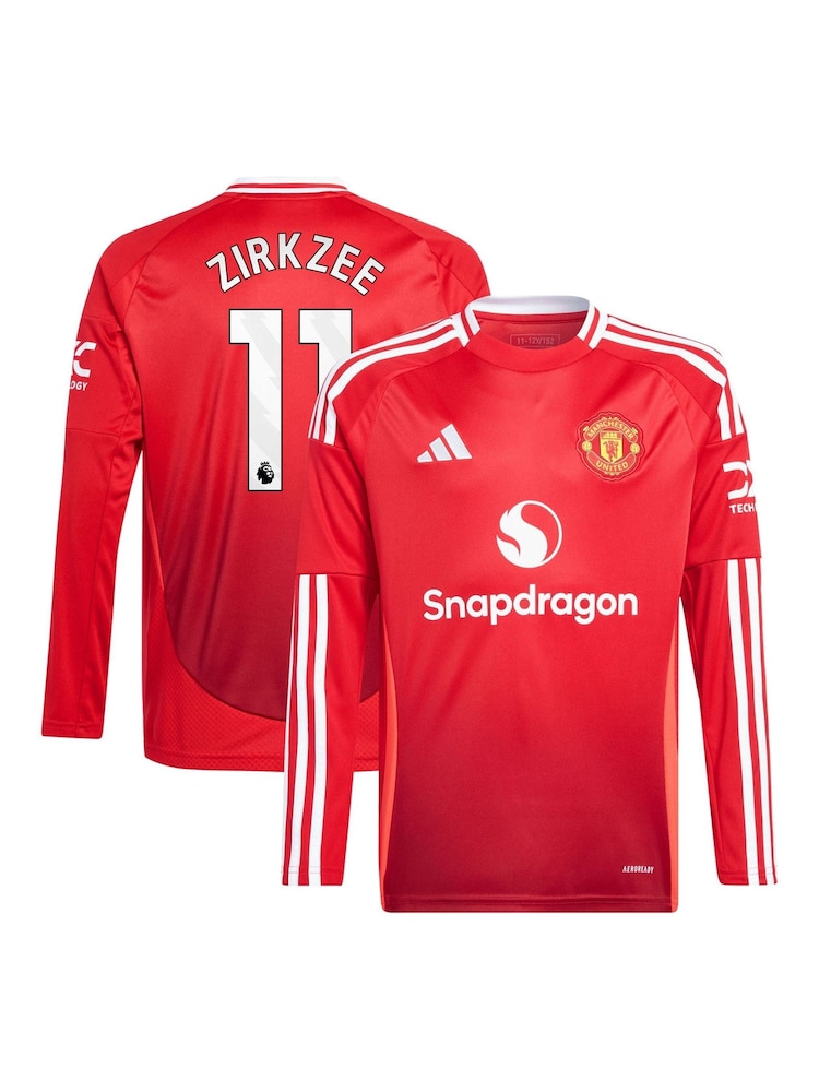 adidas Red Kids Manchester United EPL Home Shirt 2024-25 Long Sleeves with Zirkzee 11 printing - Image 1 of 1