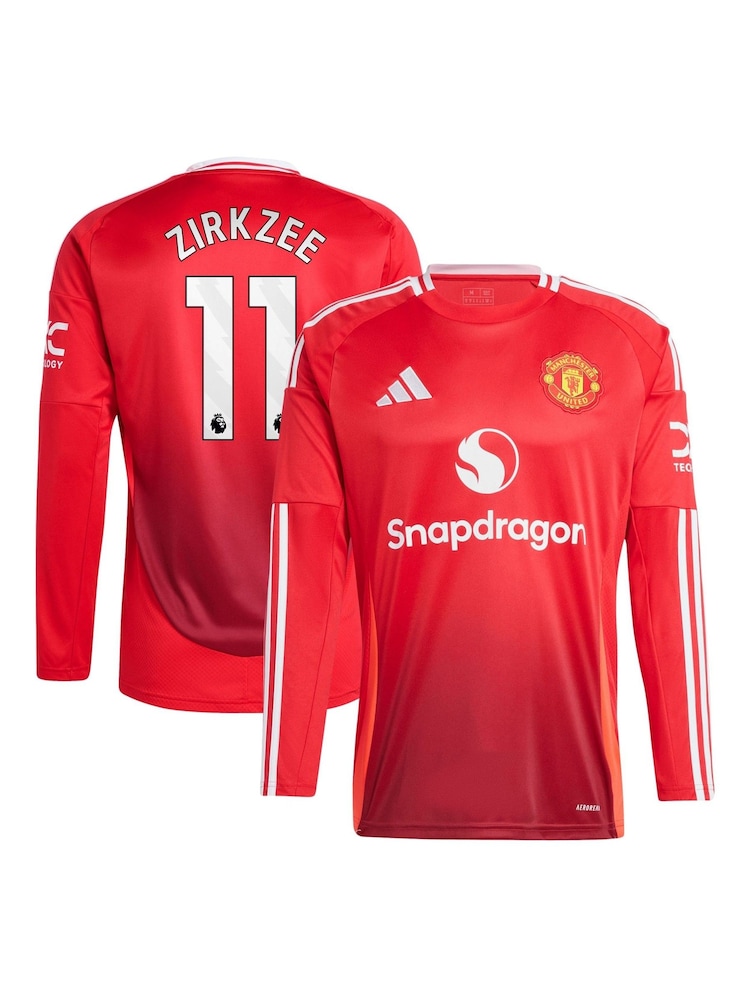 adidas Red Manchester United EPL Home Shirt 2024-25 Long Sleeve With Zirkzee 11 Printing - Image 1 of 3