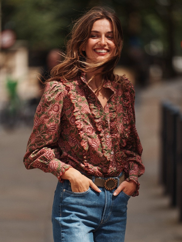 Boden Green Ruffled 100% Cotton Blouse - Image 1 of 5