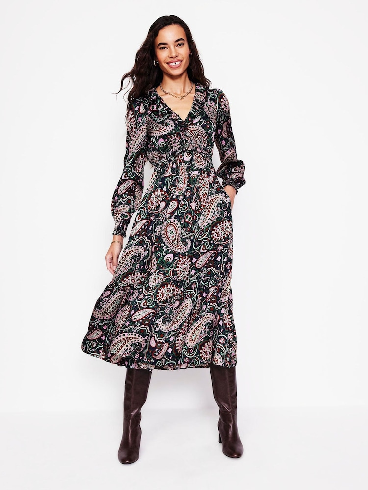 Boden Purple Shirred Ruffle Midi Dress - Image 1 of 6 Boden Purple Shirred Ruffle Midi Dress - Image 1 of 6