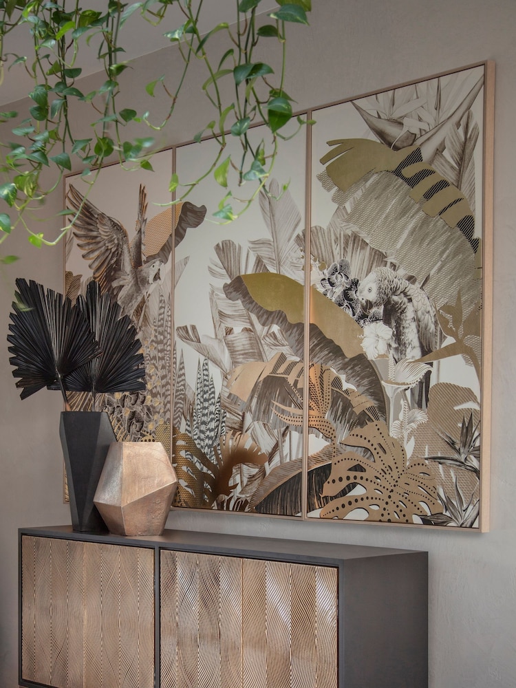 Libra Interiors Naturals Gold Framed Tropical Birds 3 Piece Canvas - Image 1 of 5