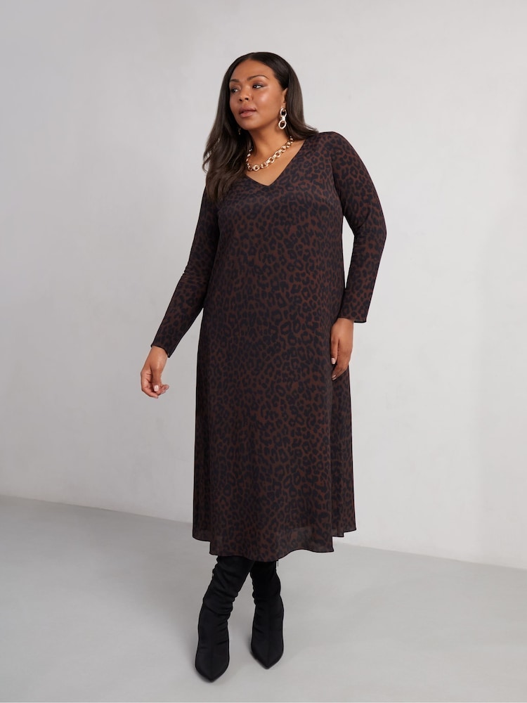Rochie Midaxi cu imprimeu leopard, decolteu în V, mânecă lungă, Live Unlimited Curve - Image 3 of 4