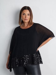 Live Unlimited Black Curve Chiffon Sequin Trim Overlayer Top - Image 1 of 7