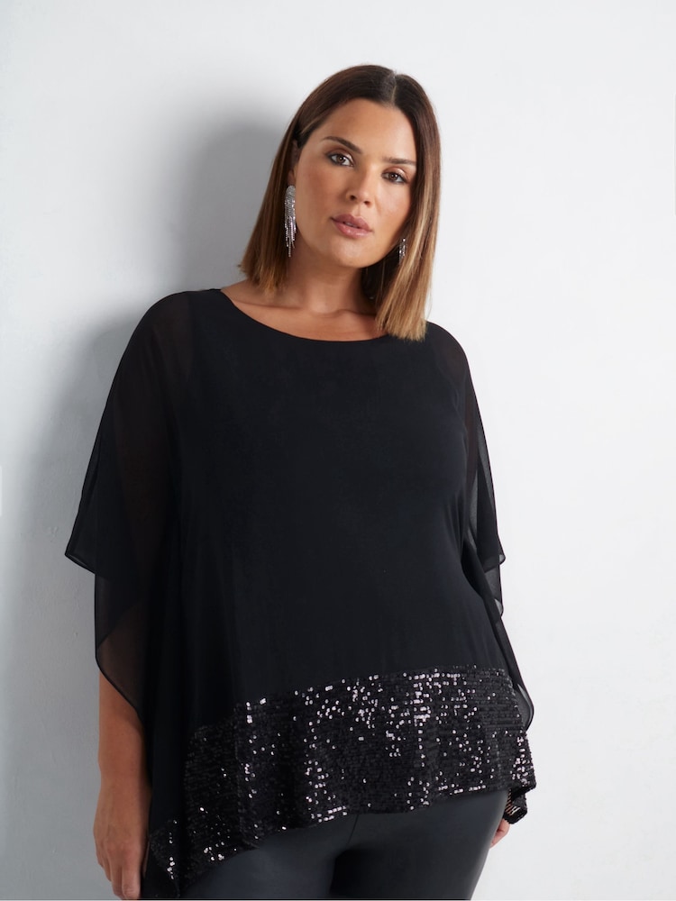 Live Unlimited Black Curve Chiffon Sequin Trim Overlayer Top - Image 2 of 7