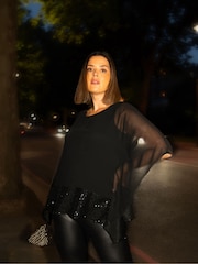 Live Unlimited Black Curve Chiffon Sequin Trim Overlayer Top - Image 5 of 7