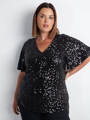 Live Unlimited Black Curve Sequin Flutter Sleeve Top - Image 1 of 5