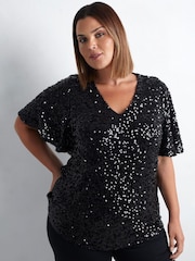 Live Unlimited Black Curve Sequin Flutter Sleeve Top - Image 2 of 5