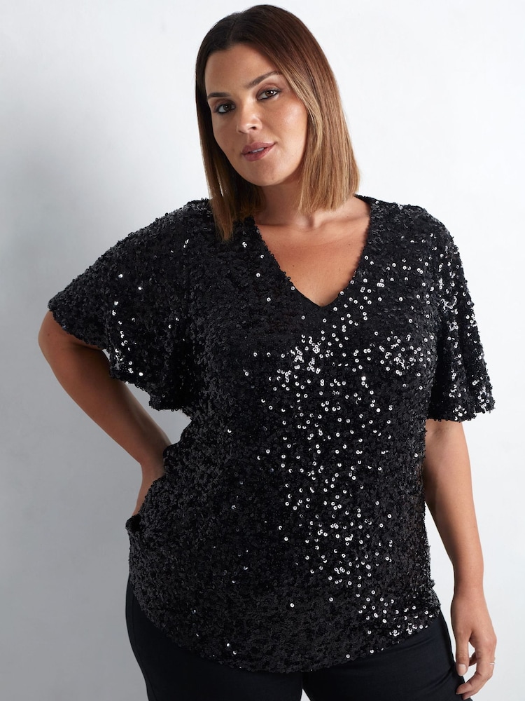 Live Unlimited Black Curve Sequin Flutter Sleeve Top - Image 2 of 5