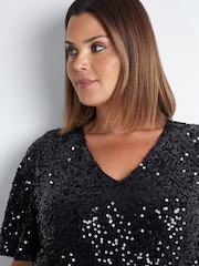 Live Unlimited Black Curve Sequin Flutter Sleeve Top - Image 4 of 5
