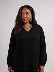 Live Unlimited Black Curve Lace Detail Long Sleeve Top - Image 1 of 4