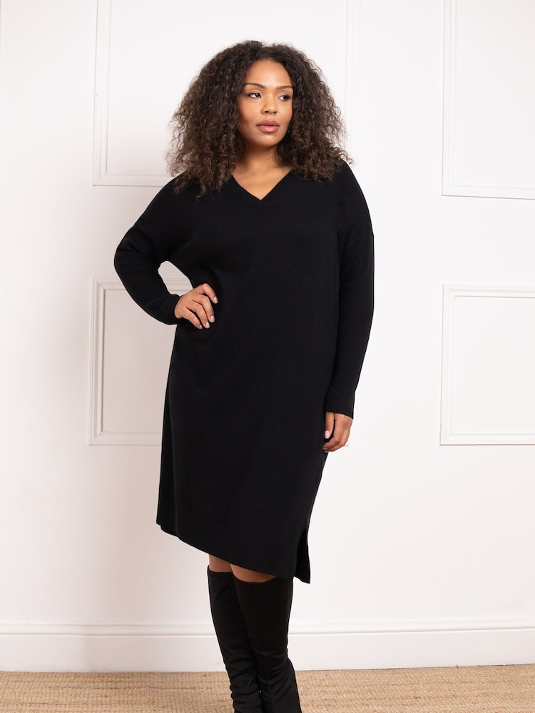 Live Unlimited Black Curve V-Neck Knitted Jumper Dress - Image 1 of 3